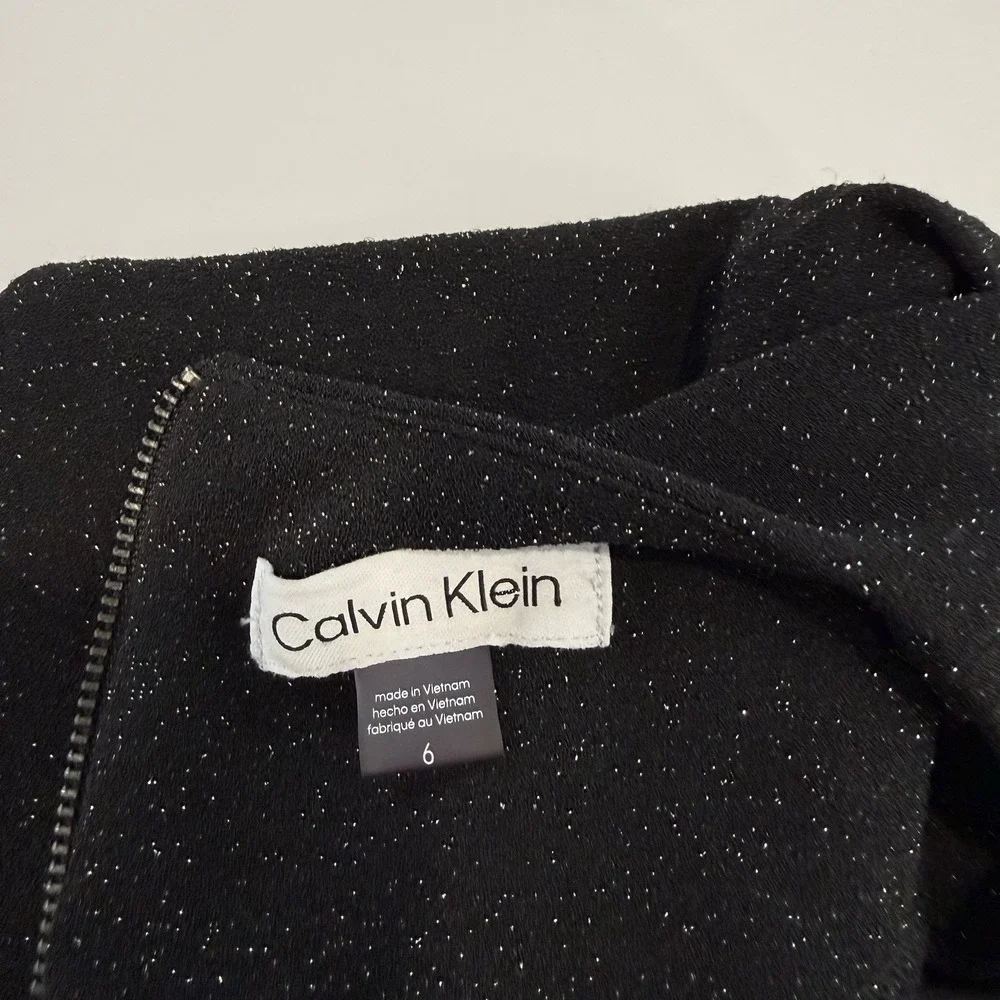 Calvin Klein Black Glitter Tulip Sleeve Stretch Sheath‎ Dress Wedding Cocktail 6